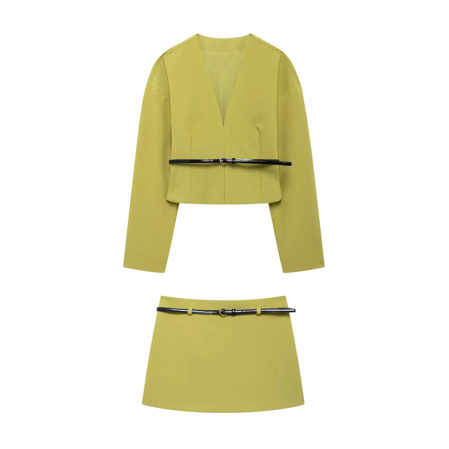 TRAFZA Elegant Women Green Skirt Suit V-Neck Belt Slim Long Sleeved Short Coat Top+Casual High Waist Side Zip Mini Skirt Mujer