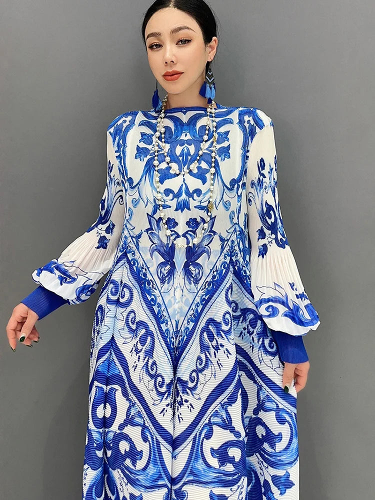 Babs SHENGPALAE Spring Autumn New Women's Dress National Porcelain Printed Chiffon Pleated Elegant Long Sleeved Dresses 5R9754