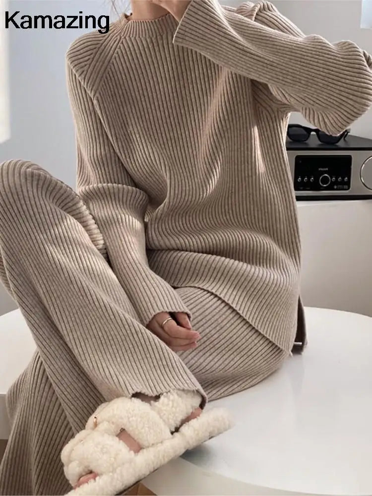 Amay Women's Knitted Two Piece Set Thick Sweater Tracksuits Autumn Winter Casual Pullover Wide Leg Pants Suit Harajuku Female Clothes