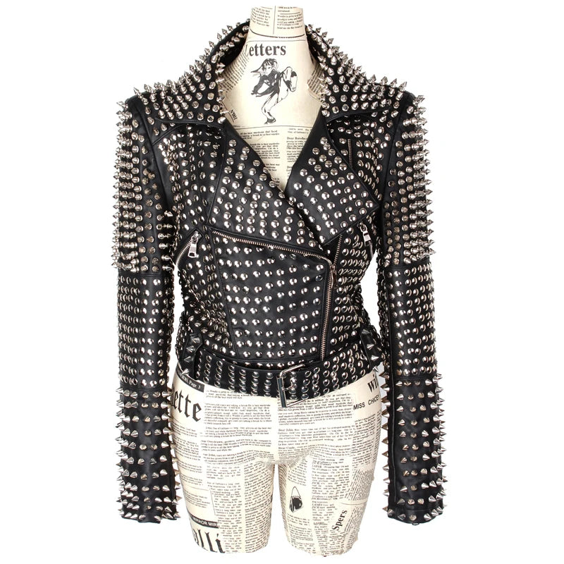 Amay Full Rivet Punka Rock Music Festival Stage Show Full Metal Sequined Motobike Industrial Heavy Leather Jacket Cool Chic Singers