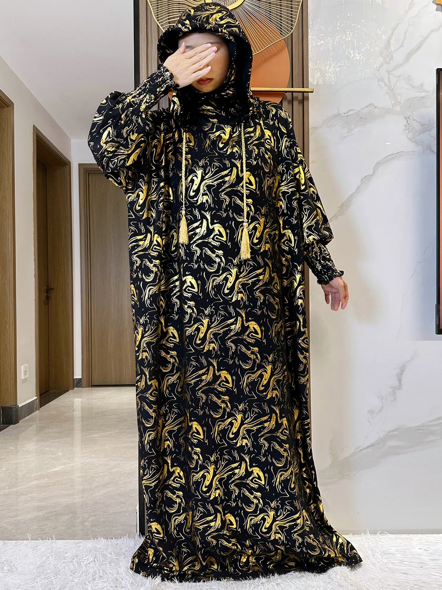 Maxy Fashion Muslim Hijab Long Sleeve Women Eid Hooded Two Hats Cotton Loose Dress Dubai Islamic Arab Robe African Abaya Clothes