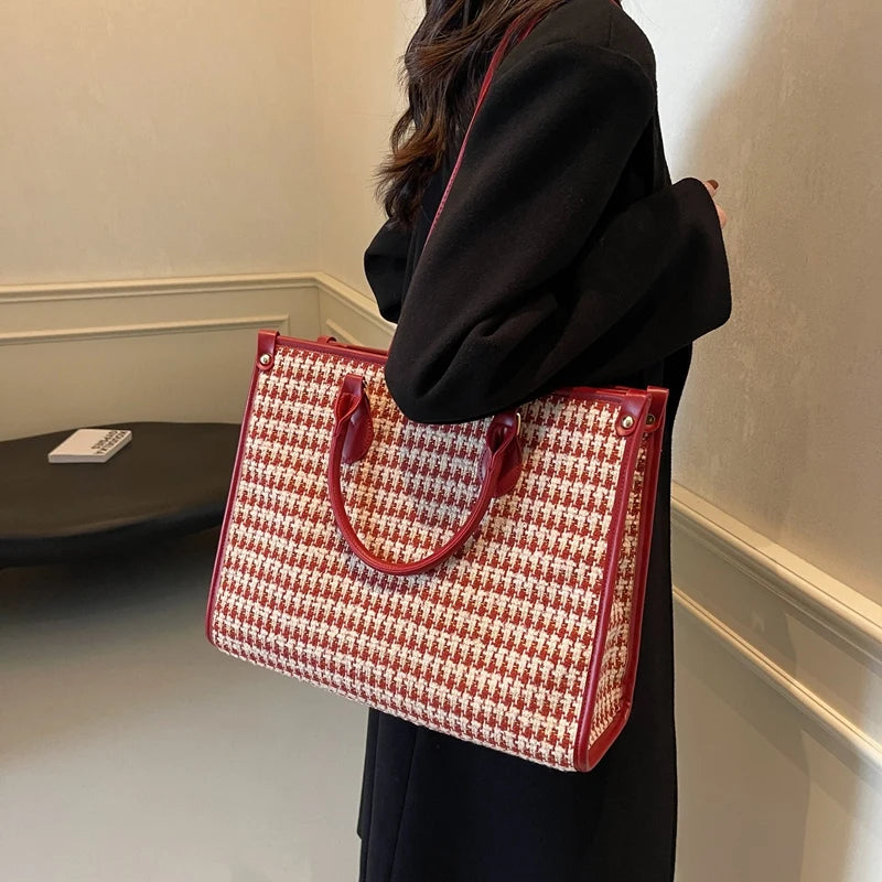 Maxy Red Love Heart Handbag For Women Large Capacity Cloth Travel Bag Fashion Hand Bag Retro Houndstooth Female Portable Tote Bag