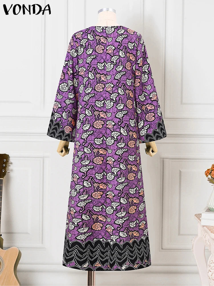 Maxy Elegant Dress Women Bohemian Printing Sundress Vintage Flare Long Sleeve Maxy Oversized O-Neck Robe Femme