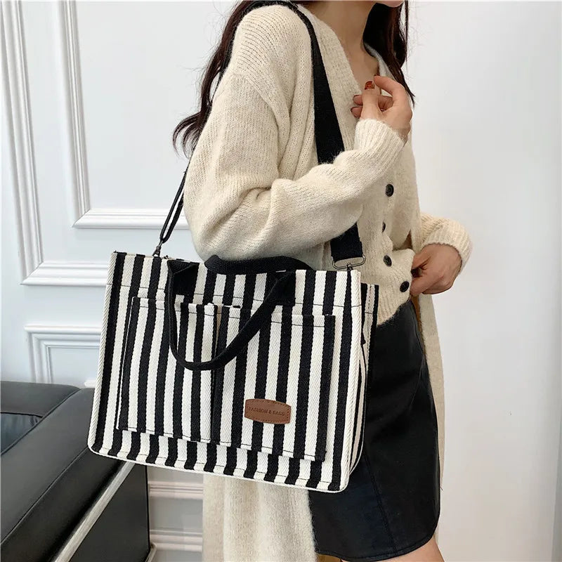 Maxy Cool Street Handbag, Large Capacity Women's Shoulder Bag, Trendy Striped Canvas Crossbody Bag, Fashion Travel Shopping Tote Bag