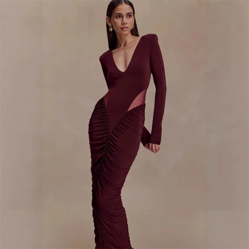 Maxy Burgundy Black Women Prom Dress V Neck Full Sleeve Sexy Elegant Ruffles Long Wedding Party Gown Formal Evening Birthday Robe