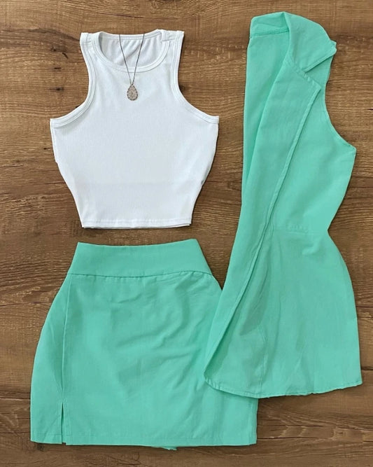 Maxy Sets for Women 3 Pieces Outfits casual commuting sleeveless Blazer Jacket round neck white vest and green mini skirt set