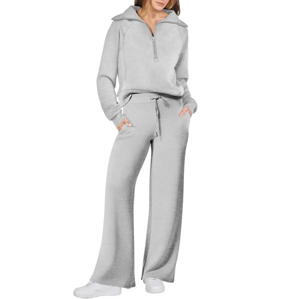 Oversized Sweatshirt Pants Set Women Two-piece Casual Suit Thick Loose Solid Color Tracksuit Set with Lapel Coat Wide for Fall