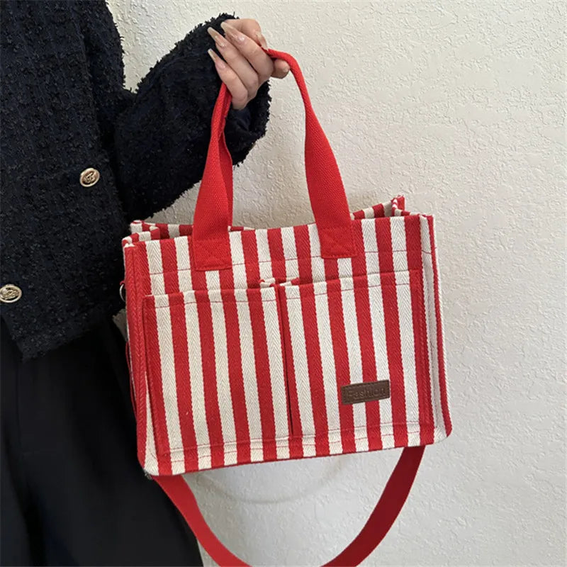 Maxy Cool Street Handbag, Large Capacity Women's Shoulder Bag, Trendy Striped Canvas Crossbody Bag, Fashion Travel Shopping Tote Bag