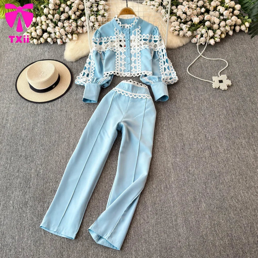 Maxy Vintage court style lantern long sleeve stand collar hollow lace top two-piece high waist temperament professional cropped pants