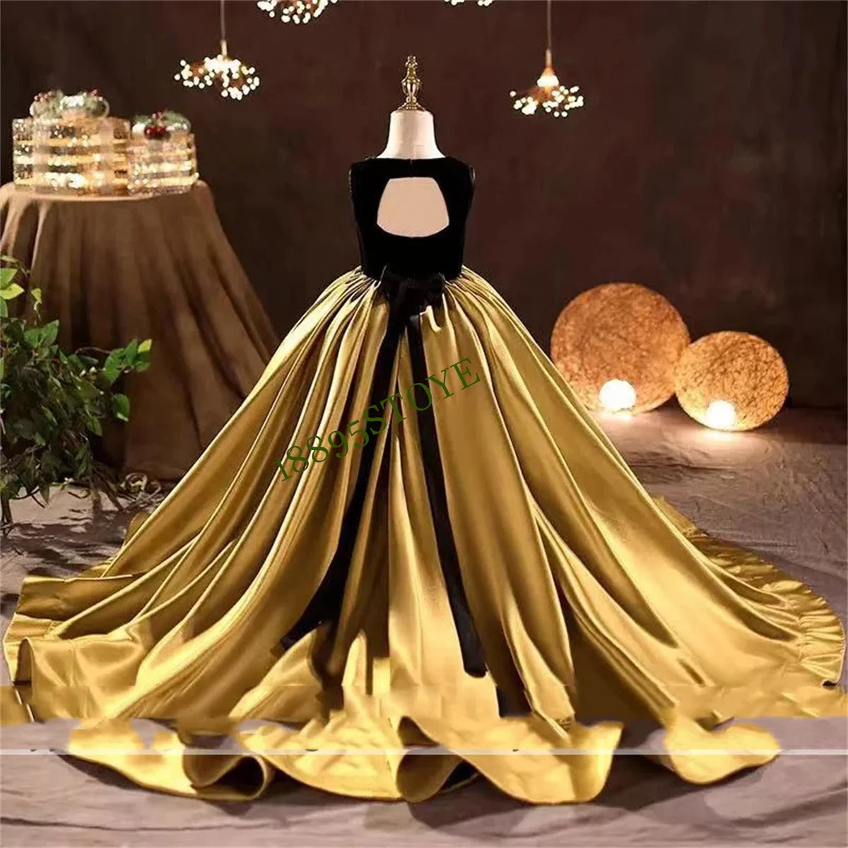 Maxy Customized Gold Pretty Dress Flower Girl Dresses for Wedding Pageant Big Bow Ball Gowns Applique Tulle Elegant Beach Party D