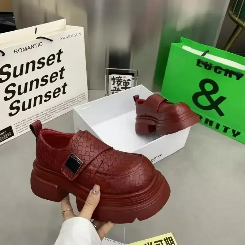Maxy New Square Head British Small Leather Shoes Children's Fashion Trend Red Thick Sole Elevated Single Shoes