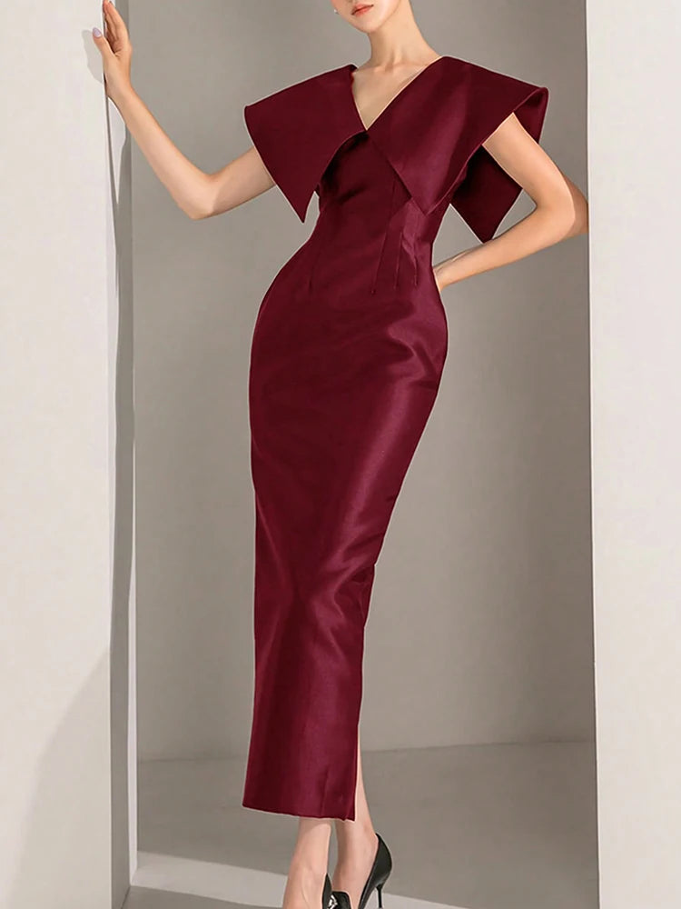 Maxy New In Dresses Stylish Solid Red Elegant Maxy Long Dresses V-neck Women's Summer Dress Fitting Party Dresses Female Clothing