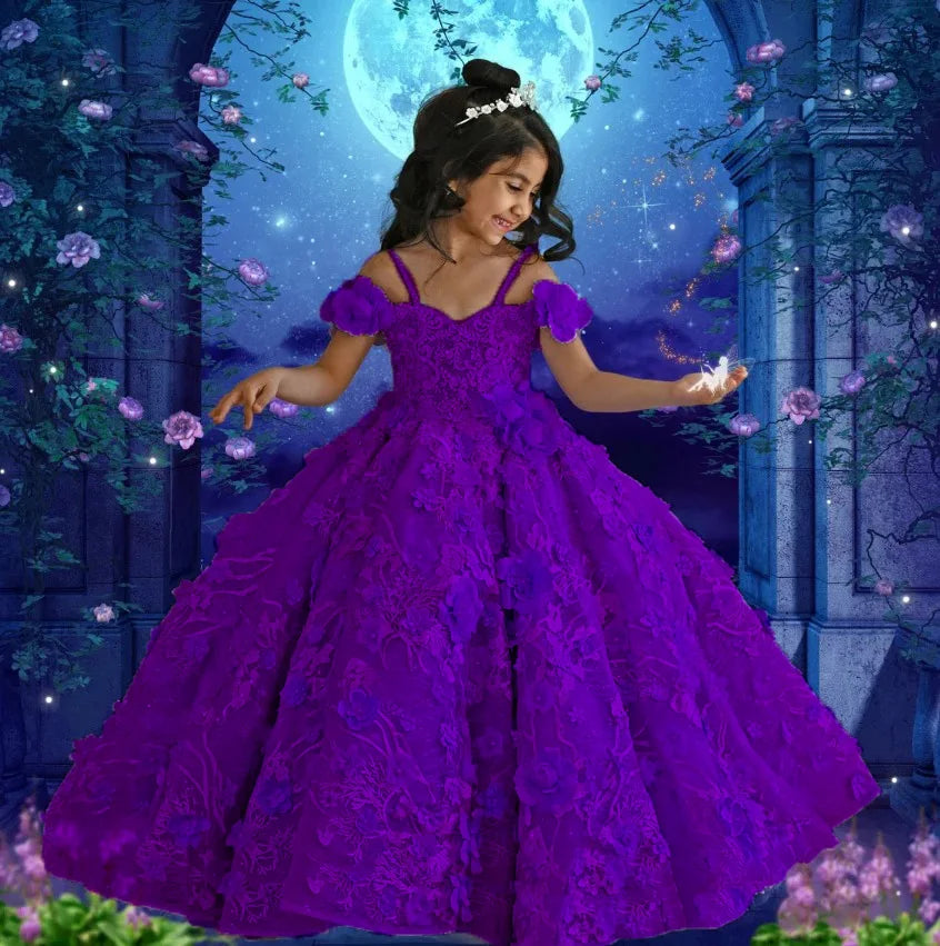 Maxy Lavender Flower Girl Dresses for Wedding Floral Appliques Bead Floor Length Girl Kids Birthday Party First Holy Communion Gowns
