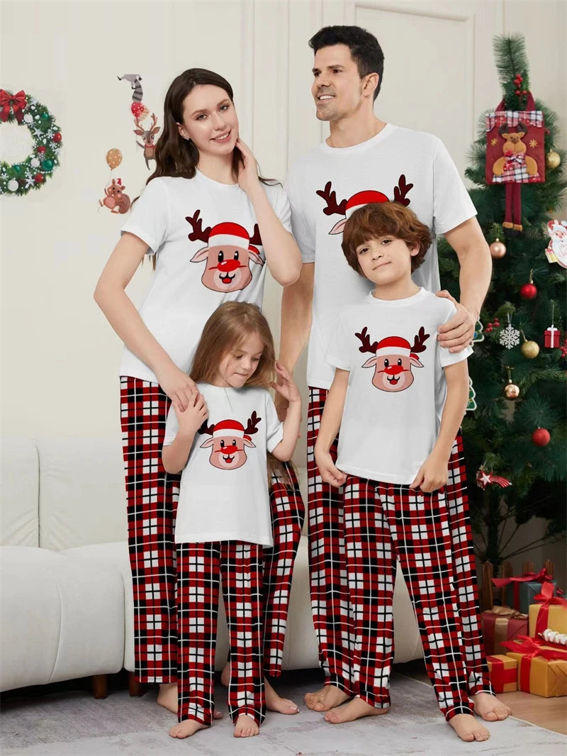 Short Sleeve Christmas Family Matching Outfits Elk Father Mother Kids Pajamas Sets Plaid Daddy Mommy and Me Xmas Clothes 2024