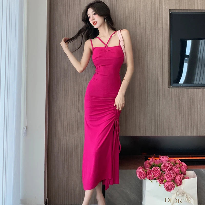 Maxy New Rose Red Elegant Bodycon Bandage Slit Long Dress Women Fashion Chic Sling Sexy Dress Summer Korean Luxury Eveing Dress