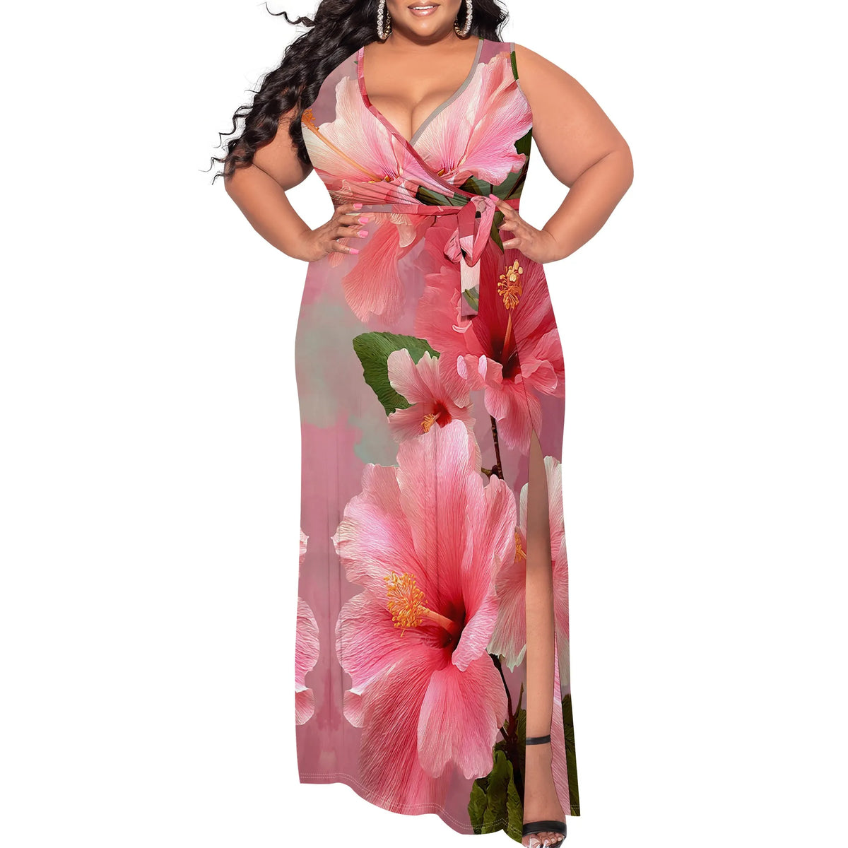 Maxy Elegant Floral Maxy Dress XL-6XL Women's Spring Plus Size V-Neck for Church or Garden Brunch