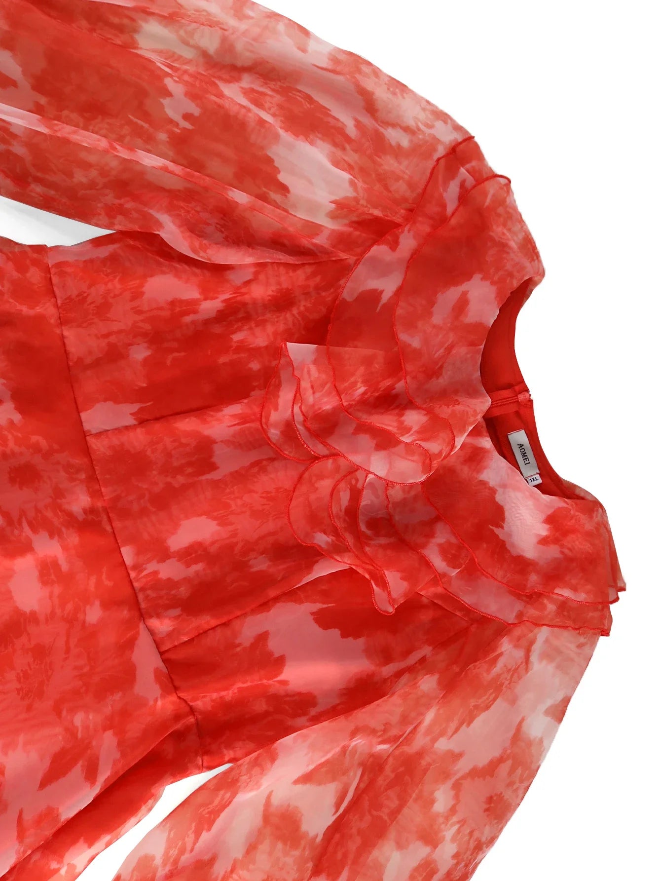 Printed Red A Line Midi Dresses for Women O Neck Ruffles Lantern See Through Long Sleeve Casual Evening Party Gowns 2025 Spring