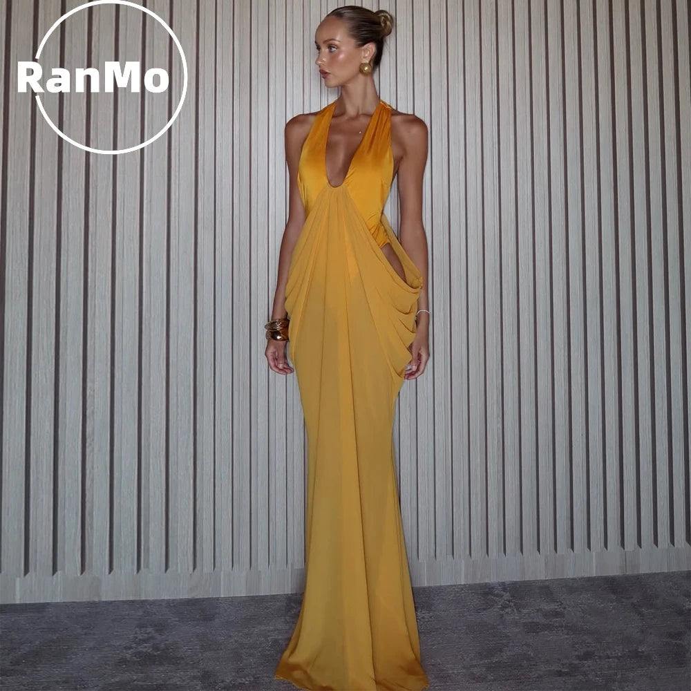 Ranmo Sexy Yellow Mermaid V-Neck Dresses Formal Party Gowns for Women Simple Sleeveless Prom Gown Floor-Length Customized 2026