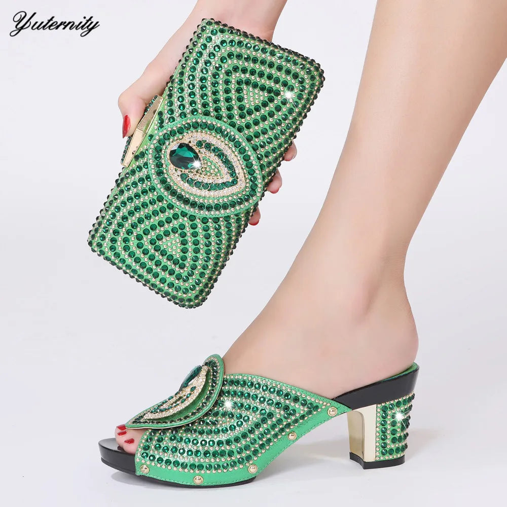 Maxy Style Woman Blue Color Rhinestone Shoes And Bag Set for Party African Fashion High Heels Woman Shoes and Bag Set