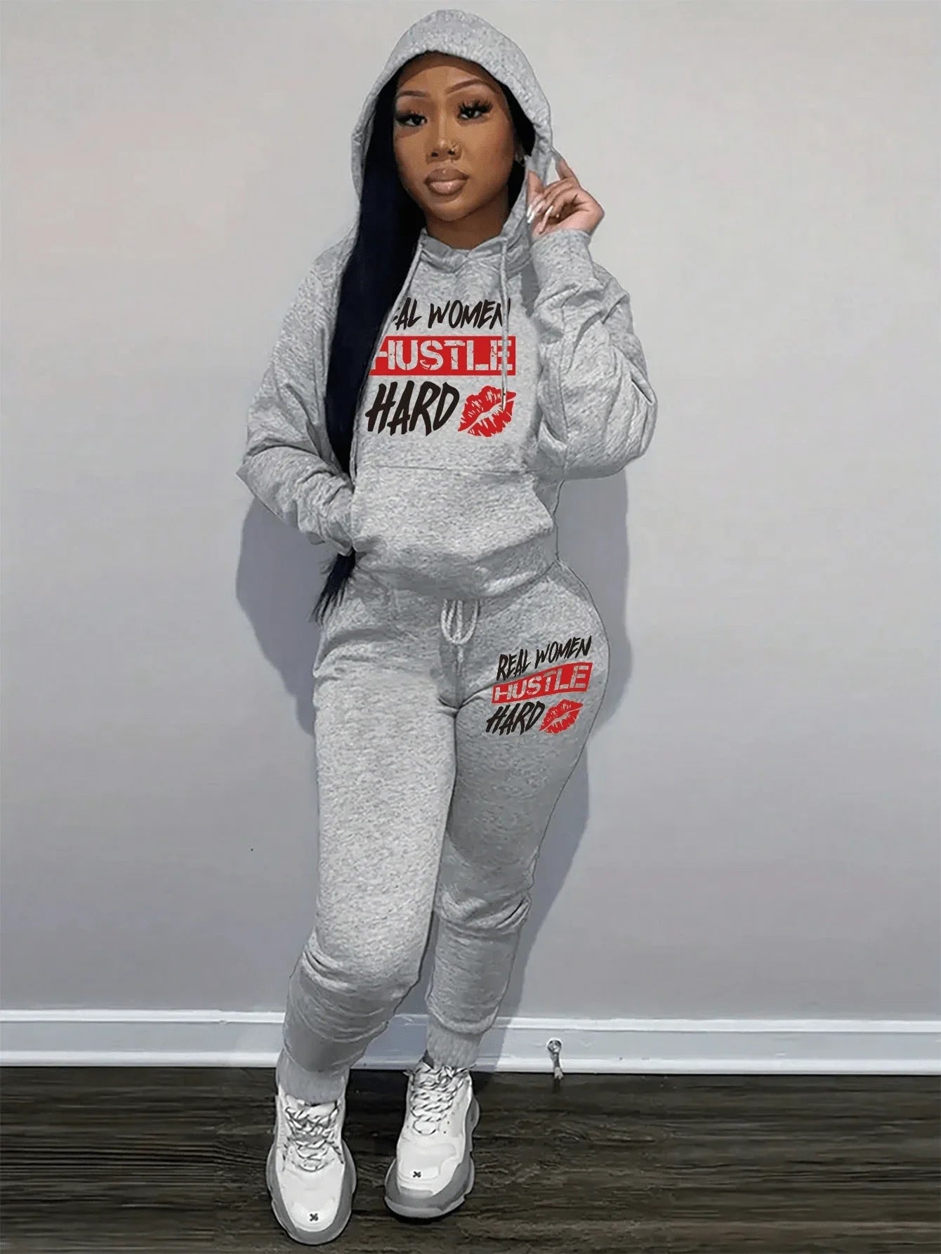 Maxy Real Women Hustle Hard Hoodie Sweatpants Set Gray Casual Sportswear