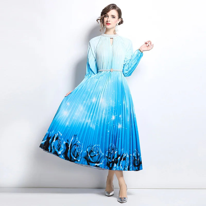 Maxy Premium Embroidered & Heat-Set Chiffon Dress for Women, Flowy Print with Pleats, Pearl-Button Accent, Elegant Maxy Skirt