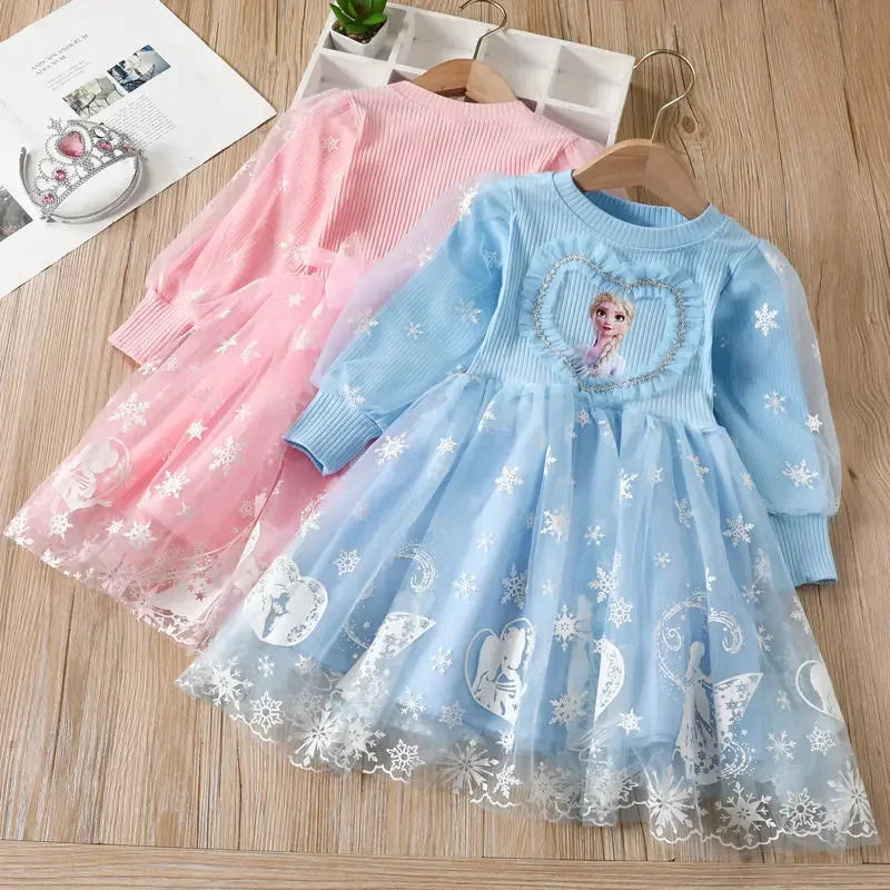 Maxy Disney Elsa Princess Dress Girl Dress Up Spring Autumn Long-sleeve Clothes Kids Gauzed Children Frozen Elsa Birthday Party Dress