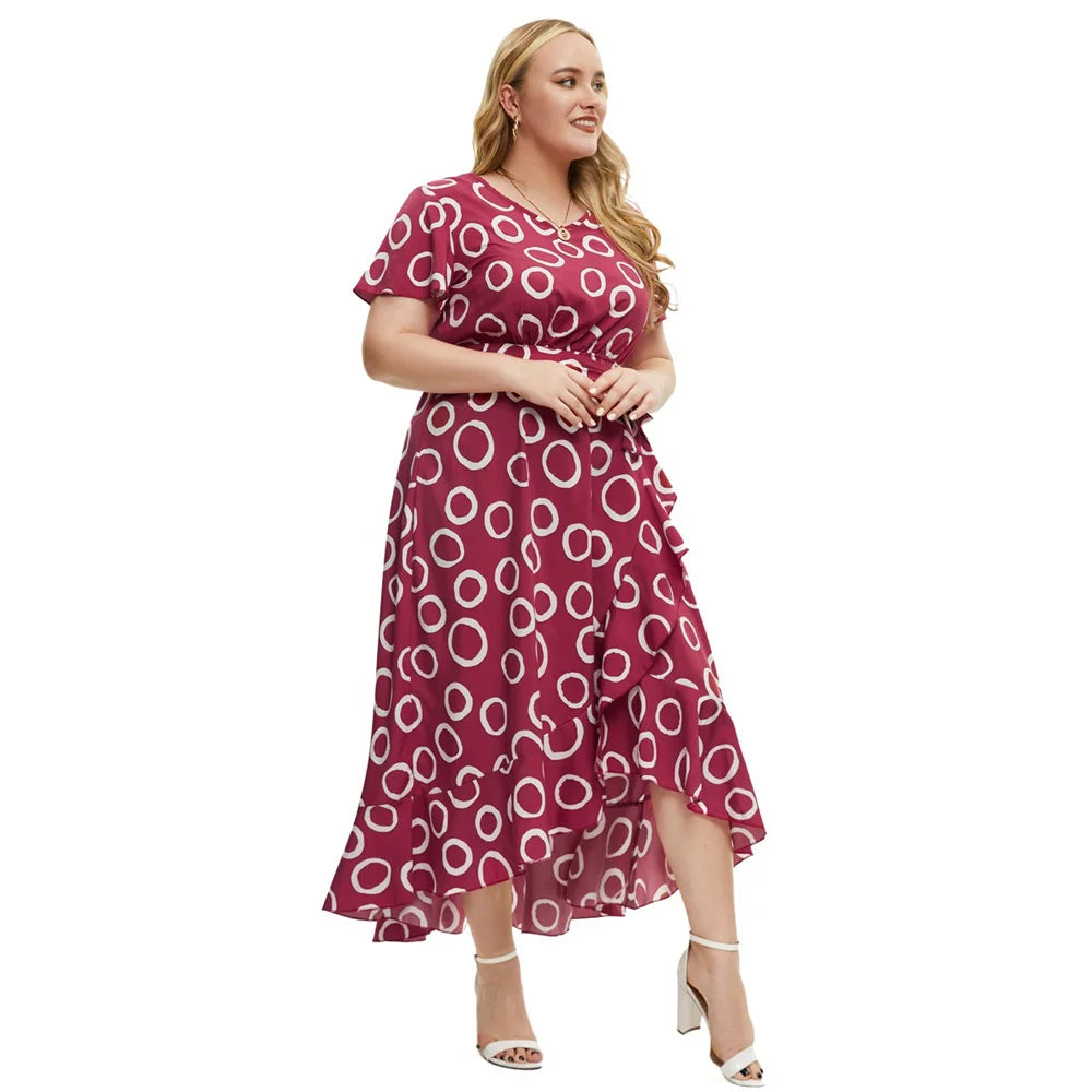 Maxy XL-5XL Summer Short Sleeve Red Print New In Dresses Trend 2025 Plus Size Women's Clothing On Sale Casual Cheap Maxy Dress Ladies