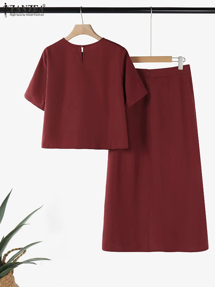 Maxy ZANZEA Casual Solid Matching Sets Vintage Short Sleeve Short Tops Outfits Holiday Fishtail Skirt Suits Women 2pcs Dress Sets