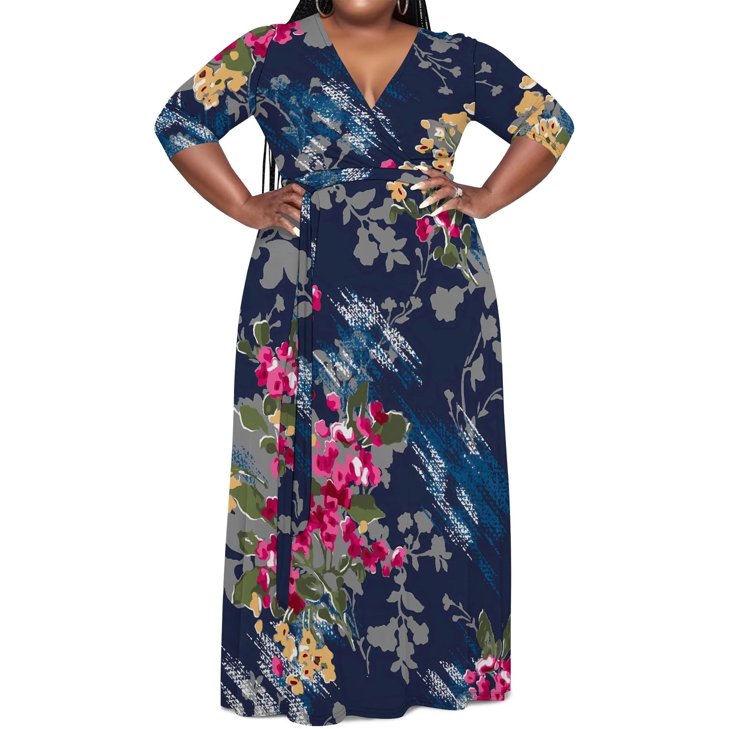 Maxy Plus Size Women's V-Neck Half Sleeve Abstract Floral Maxy Dress Elegant Summer Vacation Dress