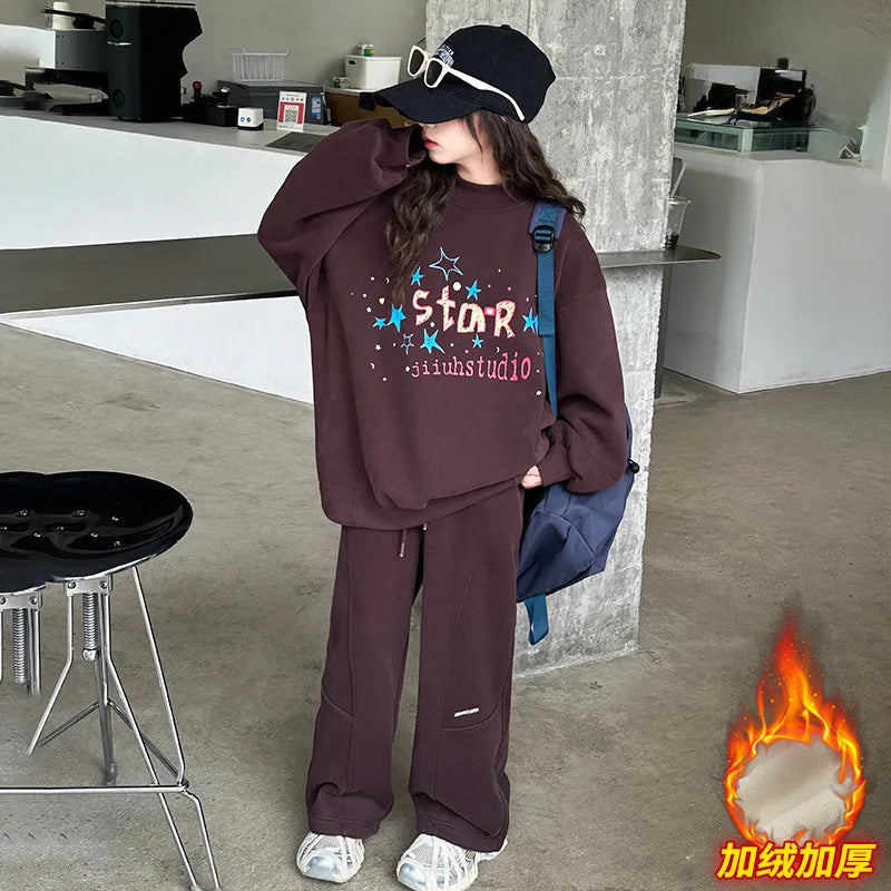 Maxy Girls Plus Fleece Sports Suit Autumn and Winter New Fashion Printed Hoodie Pants Two-piece Set Korean Simple Style