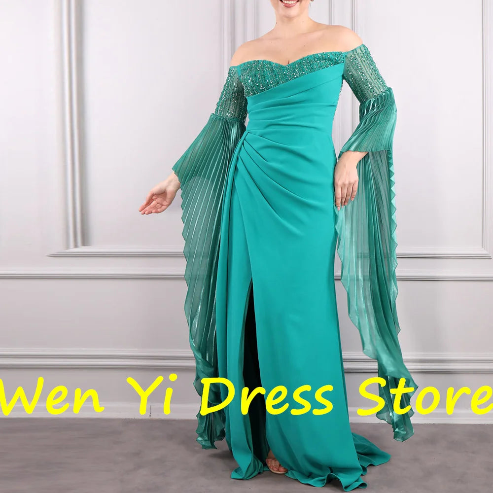 Maxy Off the Shoulder Elegant Party Dresses Woman Satin Sleeveless Straight Pleats Floor Length Sweep Train Crystal Quinceanera Gowns