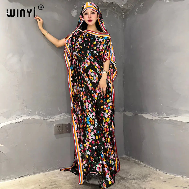 Maxy summer boho print Africa dress Dubai Muslim Dashiki Caftan holiday Design With belt evening dress party abayas for women