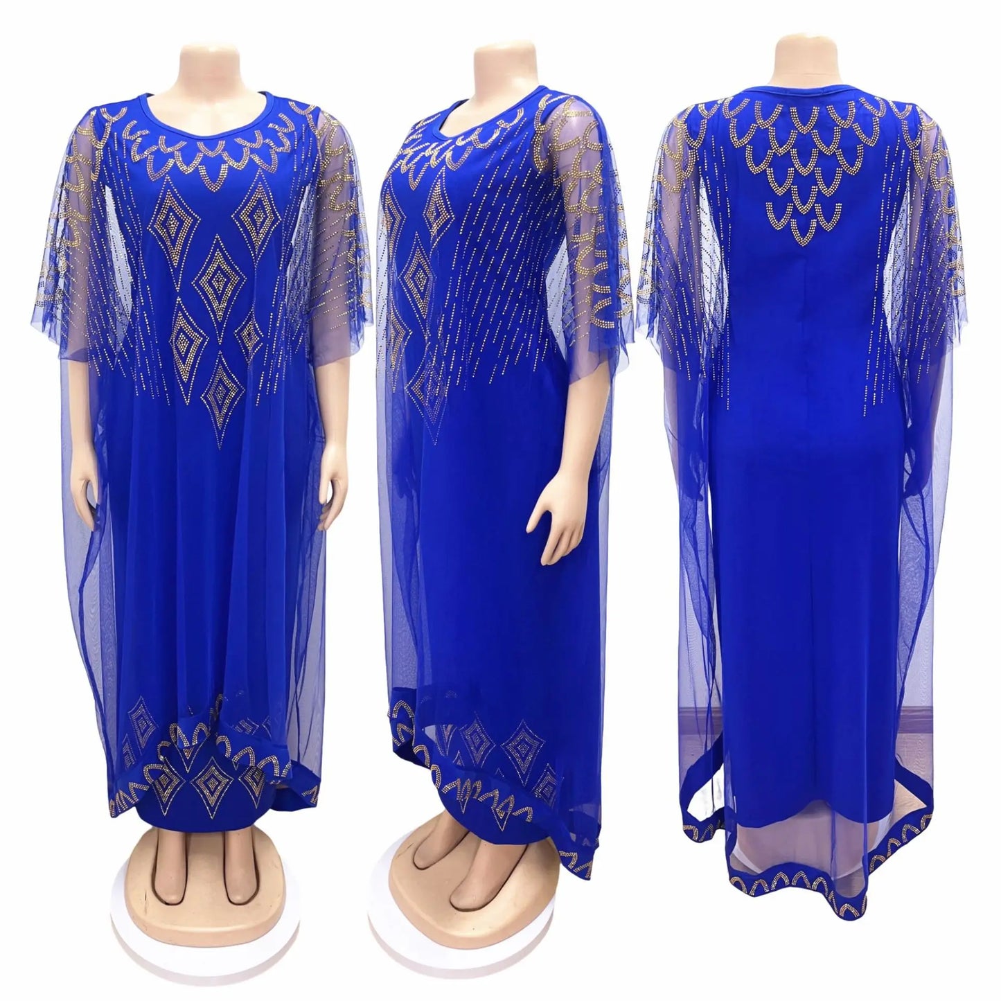 Maxy Two-Piece African Dresses for Women Traditional Nigeria Mesh Hot Drill Caftan Dress Abaya Musulman Robe Femme Clothes