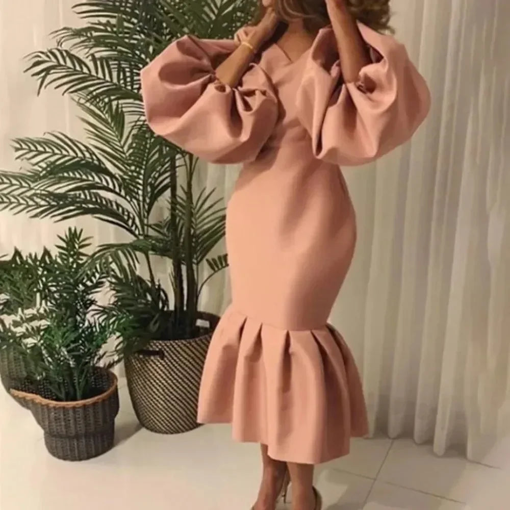 Maxy Plus Size Casual Elegant Fashionable Women's Fashion Solid Color V-Neck Bubble Long Sleeved Fishtail Dress Party Evening Dress