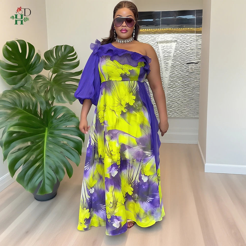Amay Summer Flounce Maxy Dresses Women's Clothes Evening Party Wedding Dress Plus Size Luxury One-shoulder Dress