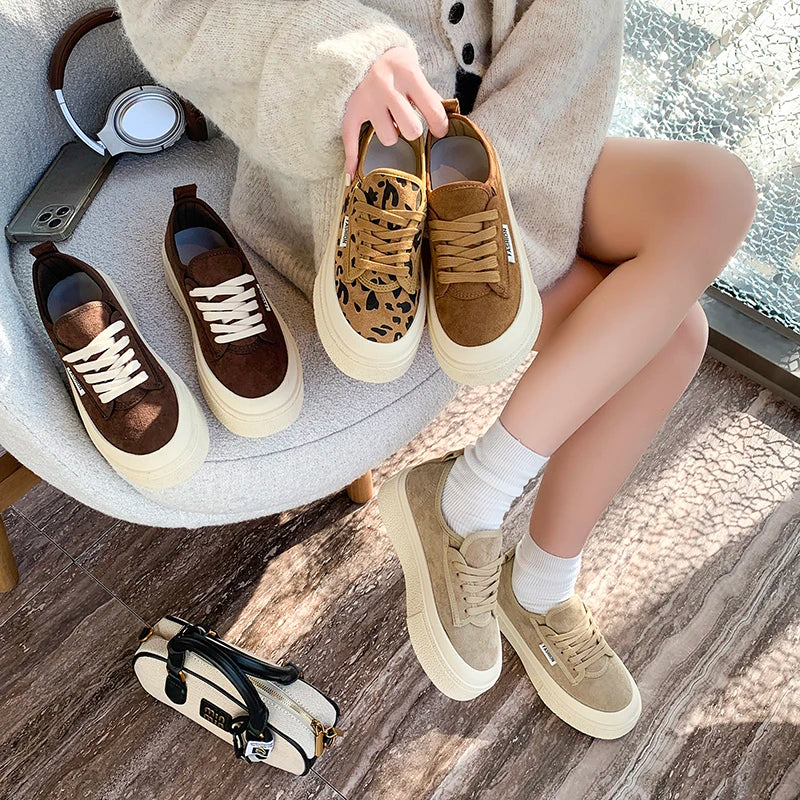 Maxy Soft Suede Leather Casual Shoes Women Sneakers Clogs Platform All-Match Spring Round Toe Cross-tied Frosted Flats Shoes Women