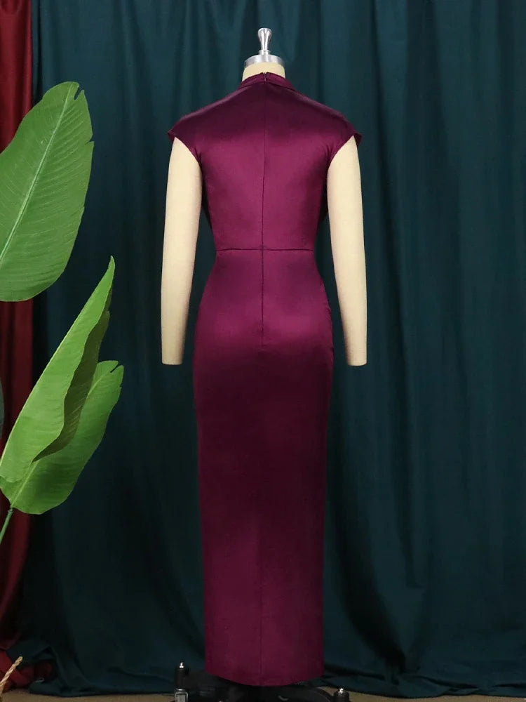 Women Dress Pleated Long Wine Red Elegant Slit High Collar Slim Fit Sleeveless Maxi Robes Female Shiny Gowns Party 2023 Spring