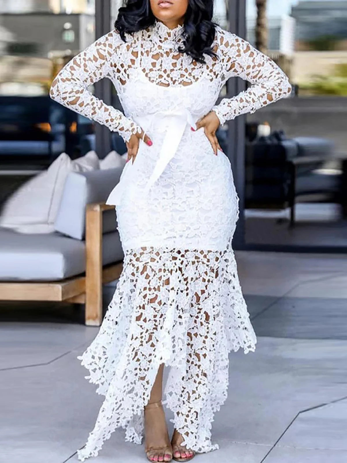 Maxy Women Elegant French Lace Dress Stand Up Collar Puff Sleeve Slim Sexy Hollow Out Irregular Hem Party Club Evening Midi Dresses