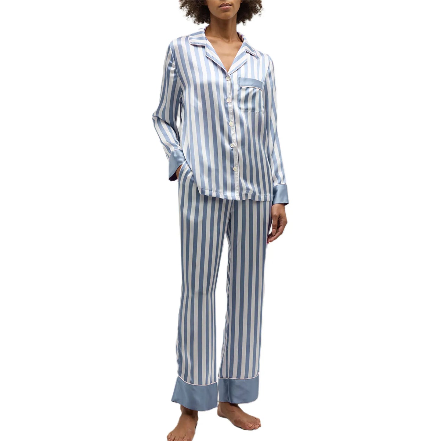 Women Striped Pajama Set Elegant Long Sleeve Top with Pants Sleepwear Loungewear