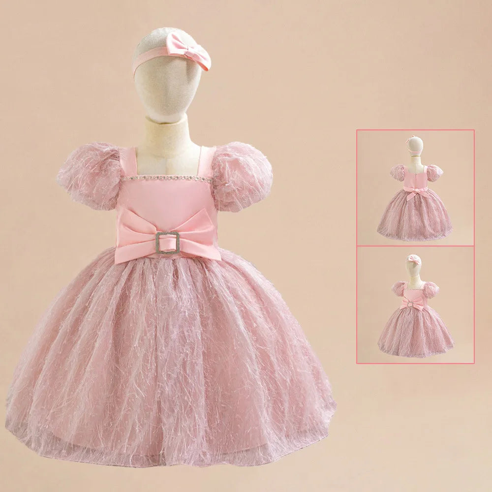 Maxy Toddler Baby Lace Floral Bow Princess Girls Dress Infant 1st Birthday Baptism Party Ball Gown Newborn Short Sleeve Kids Costumes
