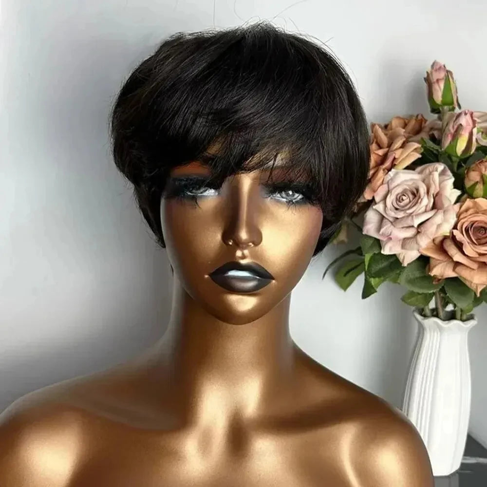 Short Human Hair Wigs Pixie Cut Straight Perruque Bresillienne for Black Women Machine Made Wigs With Bangs Cheap Glueless Wig