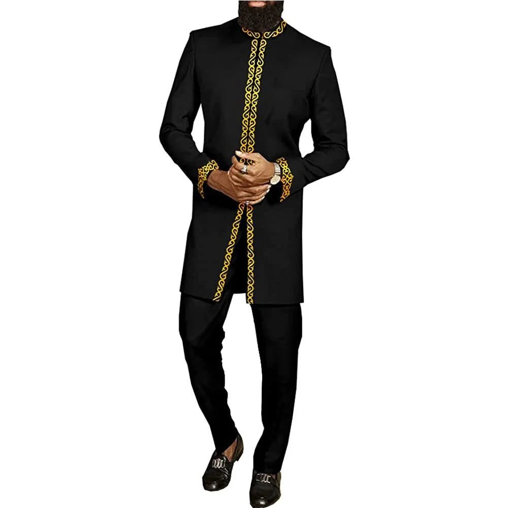 Amay New Kaunda Men's Set Fashionable and Elegant Men's Wedding Set Round Neck Long Sleeve Embroidered Men's Full Set Suit