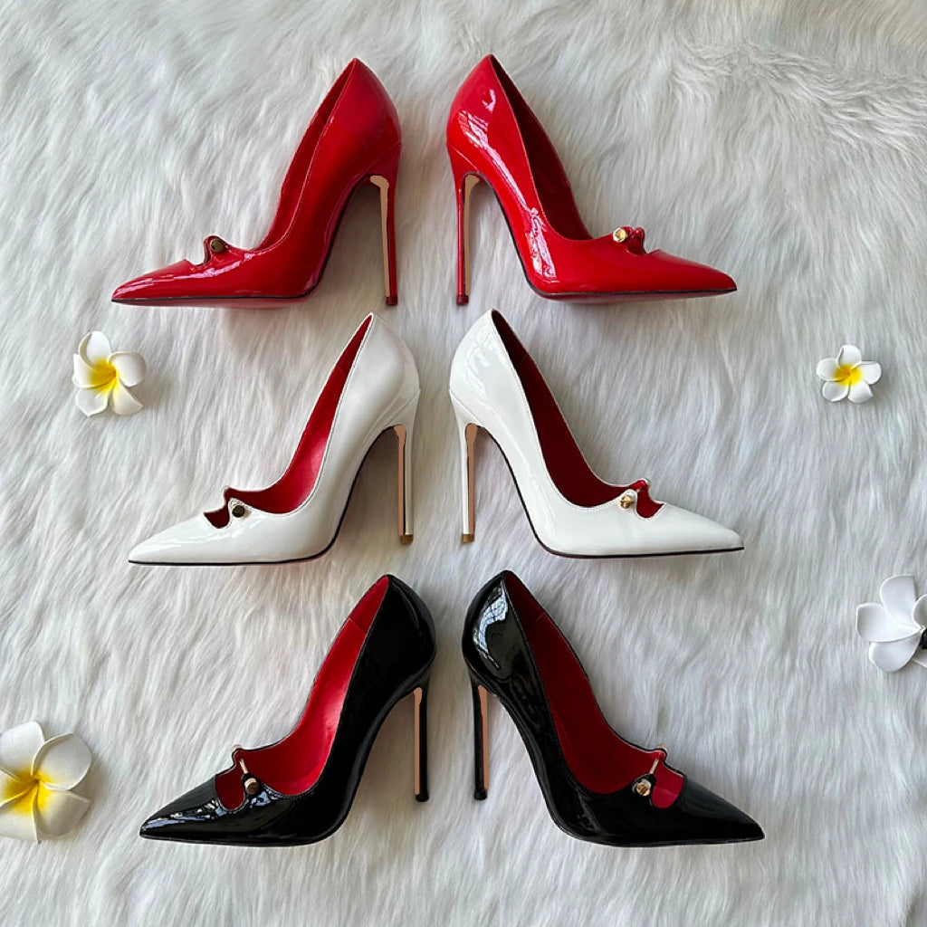 Amay Free Shipping Black White Red Patent Leather Shallow Metal Hollow Out Open Toed Women Lady Hot Sale 120mm High Heel Shoes Pump