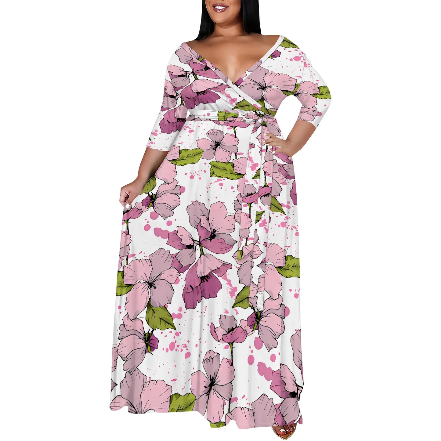 Maxy Plus Size White Wrap Dress Pink Flower Print Belted V Neck Summer Holiday Style