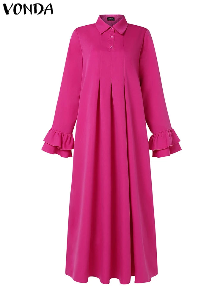 Maxy Plus Size 5XL VONDA Women Elegant Shirt Dress Ruffle Pleated Maxy Long Dress Casual Loose Solid Sundress Long Sleeve Robe
