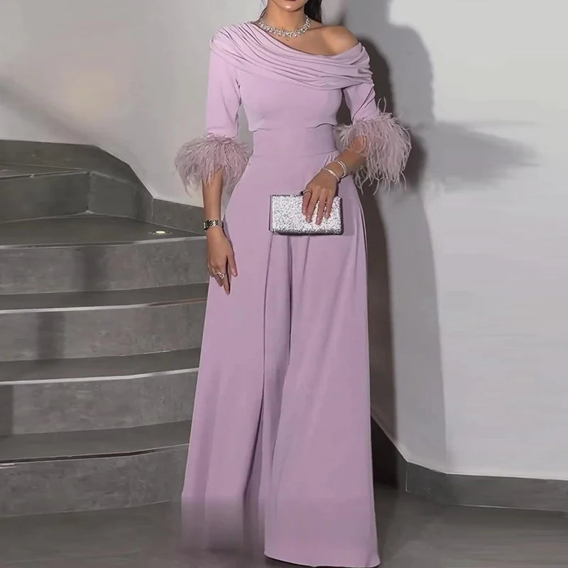 Amay Fashion Lady Diagonal Collar Party Jumpsuit Simple Elegant High Waist Pleat Pants One Piece Women Solid Patchwork Feather Romper