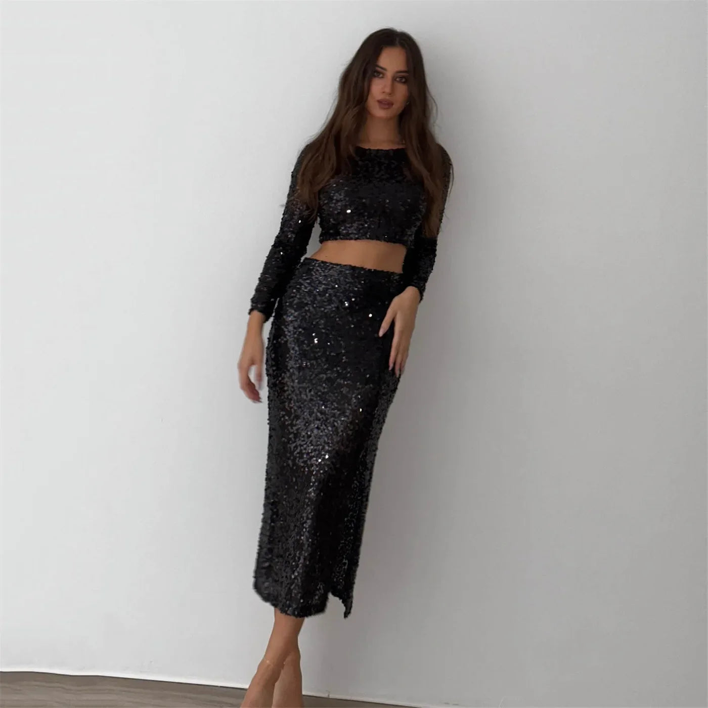 Amay Sequins Slim Dress Sets Women Long Sleeve Crop Tops High Waist Sexy Maxi Skirts Ladies Two Piece Suits Sparkling Womens Outifits