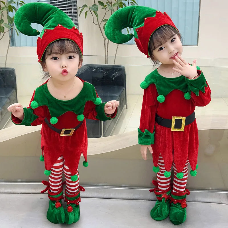 Maxy Costume For Kids Girl Green Santa Claus Suit Set with Hat Children Fancy Christmas Party Dress Set Performance