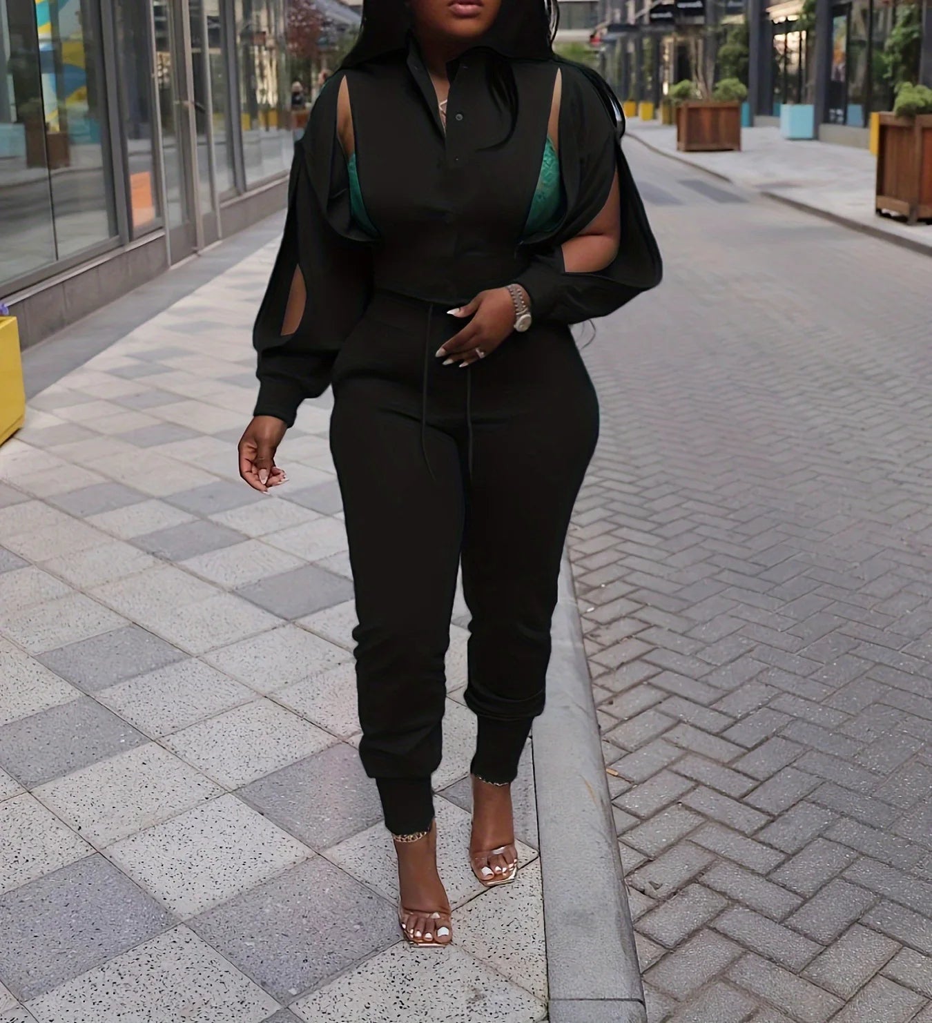 Amay Women Two Piece Set Spring Slim Fit Pants Hollow Out Button Shirt Y2k Tops Suits Vintage Patchwork Streetwear Outfit Sets.