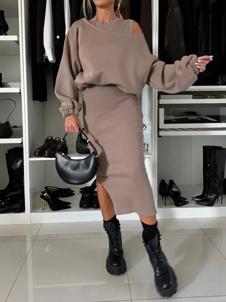 Maxy Elegant Female Solid Sweatshirt and Dress Suit Women Casual Loose Tops Dress Outfit Spring Ladies Round Neck Two Piece Suit